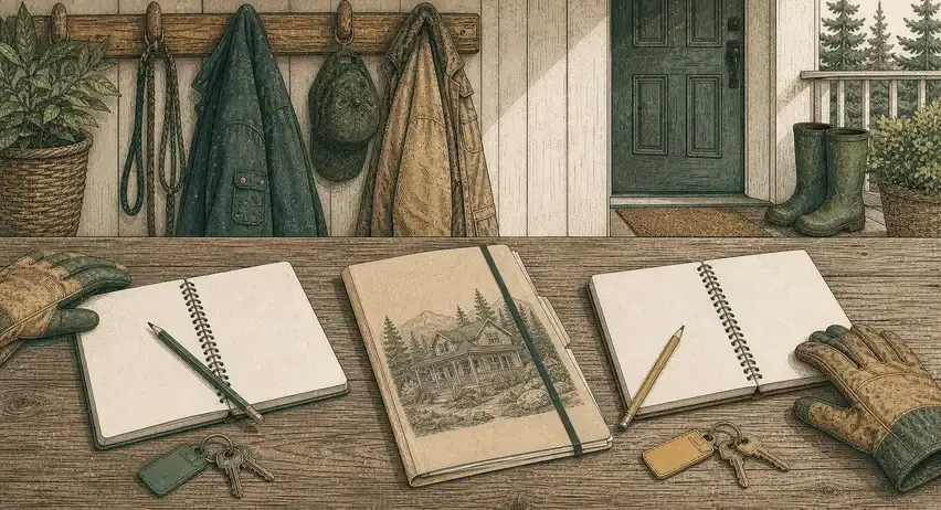 Illustrated rental-property desk with two separate notebooks, a shared property folder, two sets of keys, and work gloves