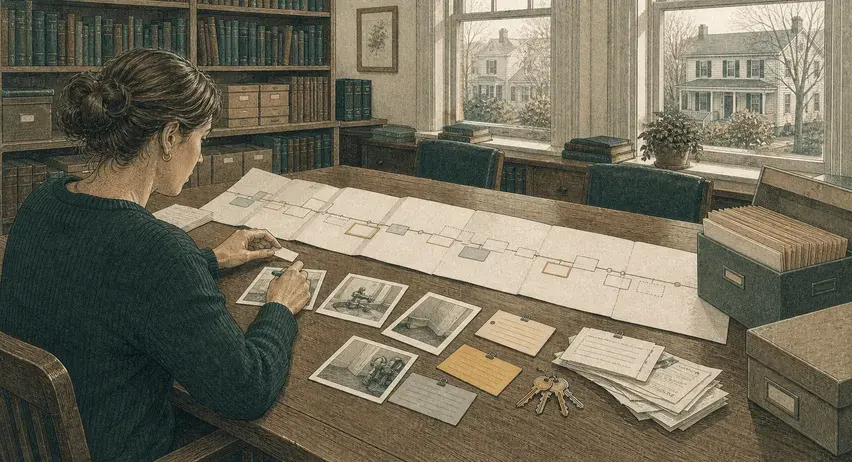 Illustrated archive table with a rental-work timeline, repair photos, activity cards, keys, and record boxes