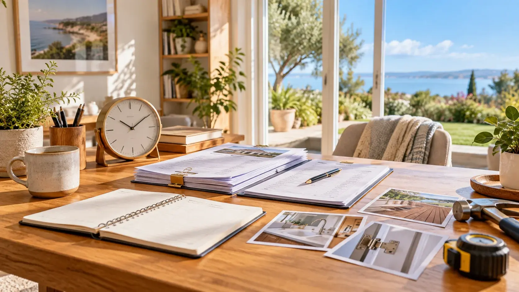 Work records, clock and repair photographs on a sunlit desk overlooking a garden