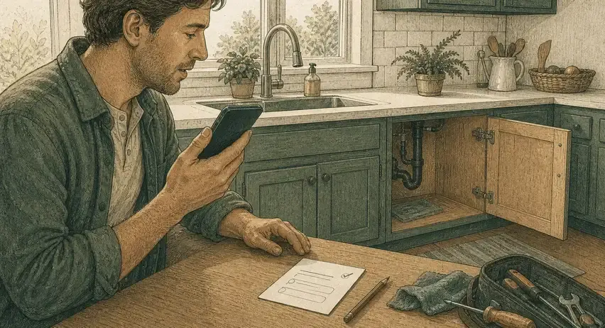 A field-guide illustration of a rental owner reviewing a voice draft with intentionally blank fields after a cabinet repair
