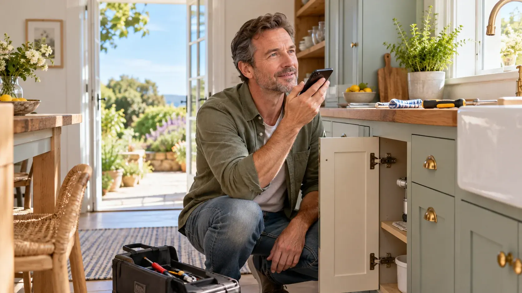 Rental owner dictating a smartphone note beside repaired kitchen cabinets with an open garden door