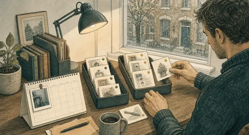 An owner sorts a week of rental activity cards into reviewed and follow-up trays