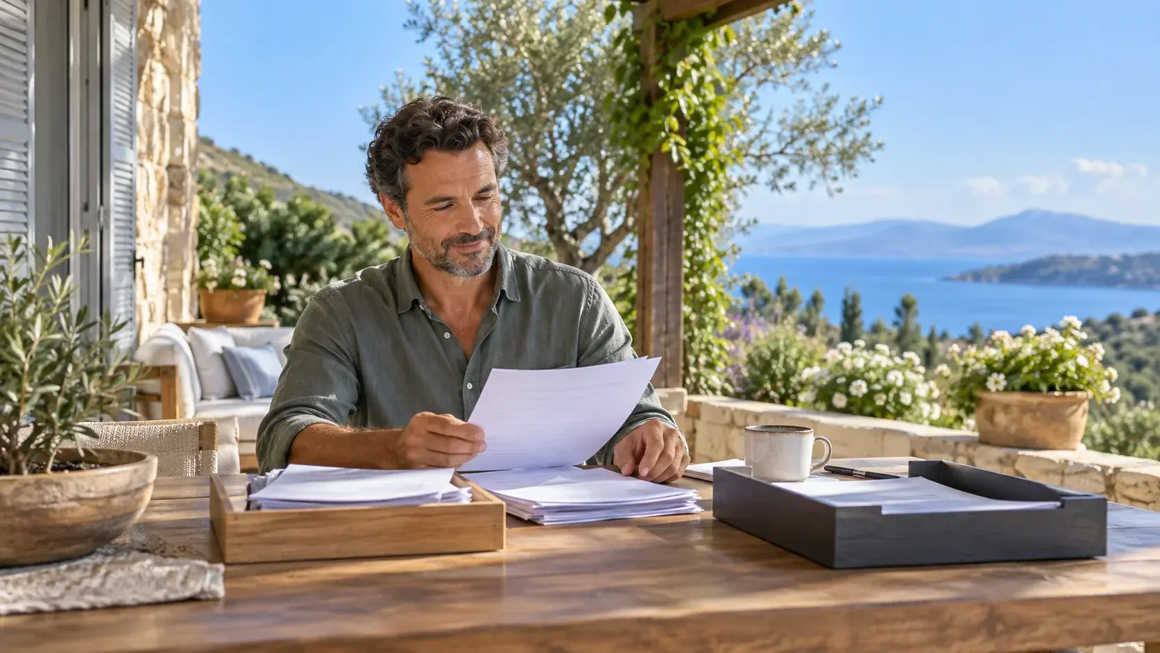 Rental owner reviewing notes beside document trays and coffee on a sunny veranda