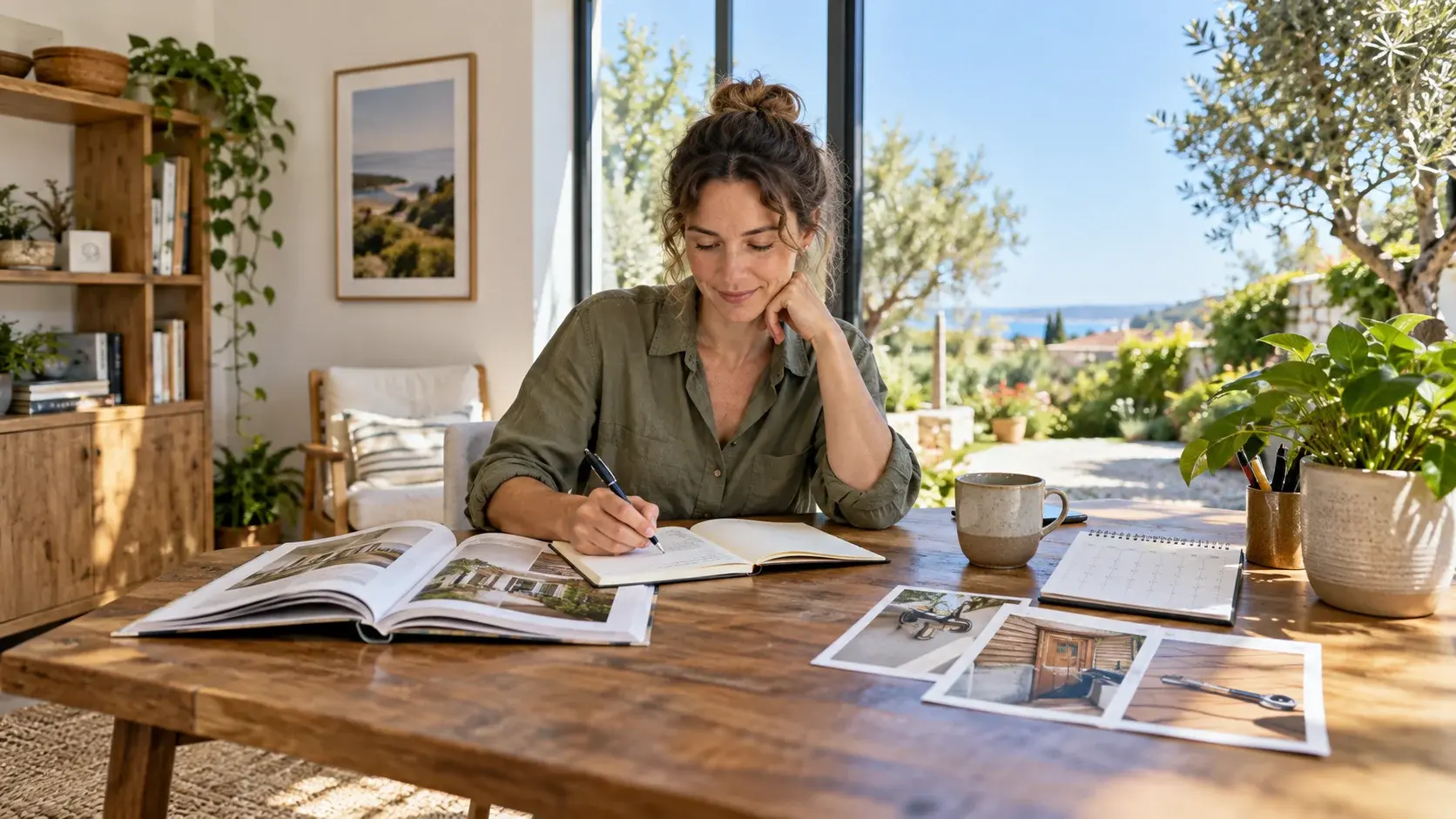 Reference booklet, work notebook, calendar and repair photographs on a sunny garden-facing desk