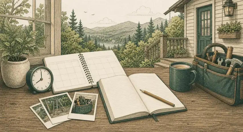 Illustrated rental-property desk with a blank calendar, activity notebook, clock, work photos, and tools