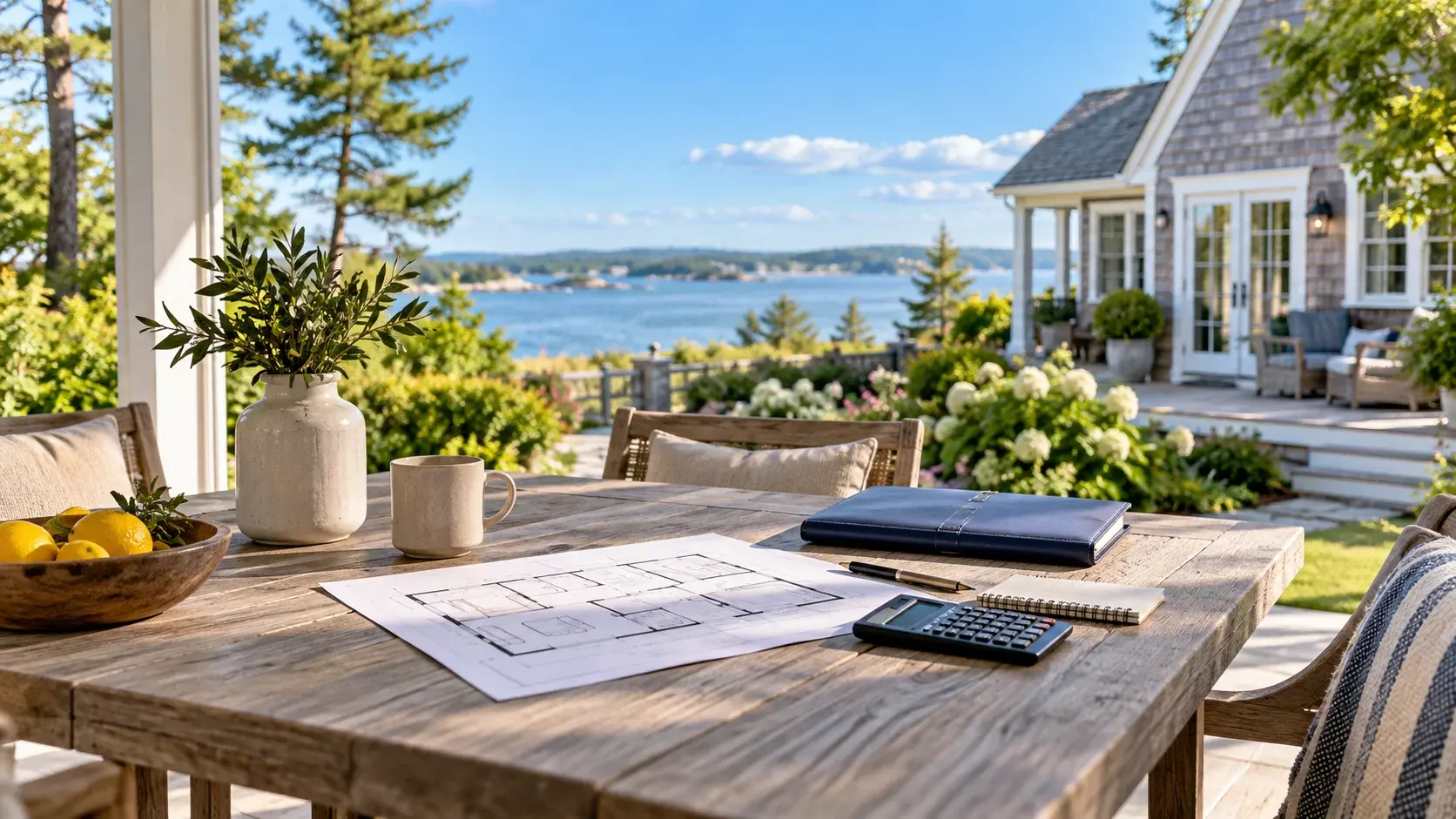 Floor plan, calculator, and notebook on a sunny veranda table with a rental cottage beyond