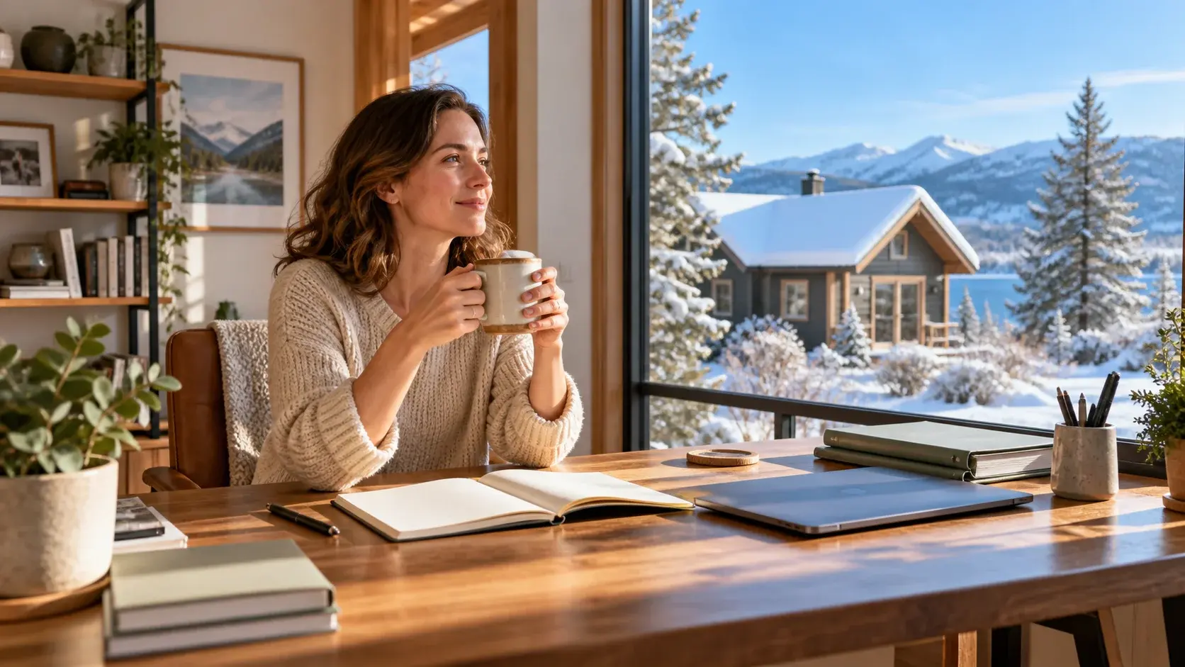 Rental owner beside an open notebook and folders in a warm office overlooking a snowy cottage and blue sky