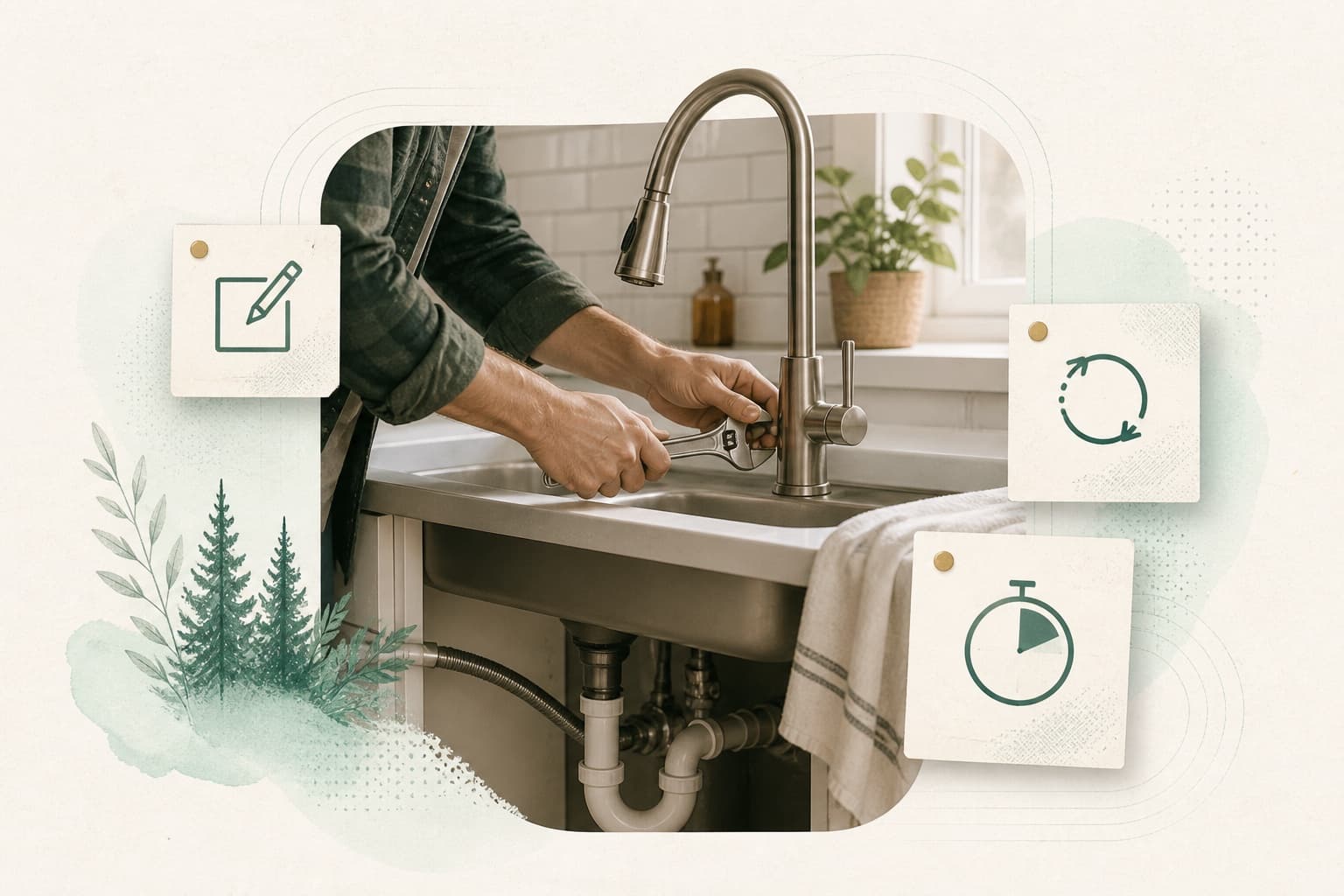A rental owner repairing a kitchen sink with simple capture-method symbols