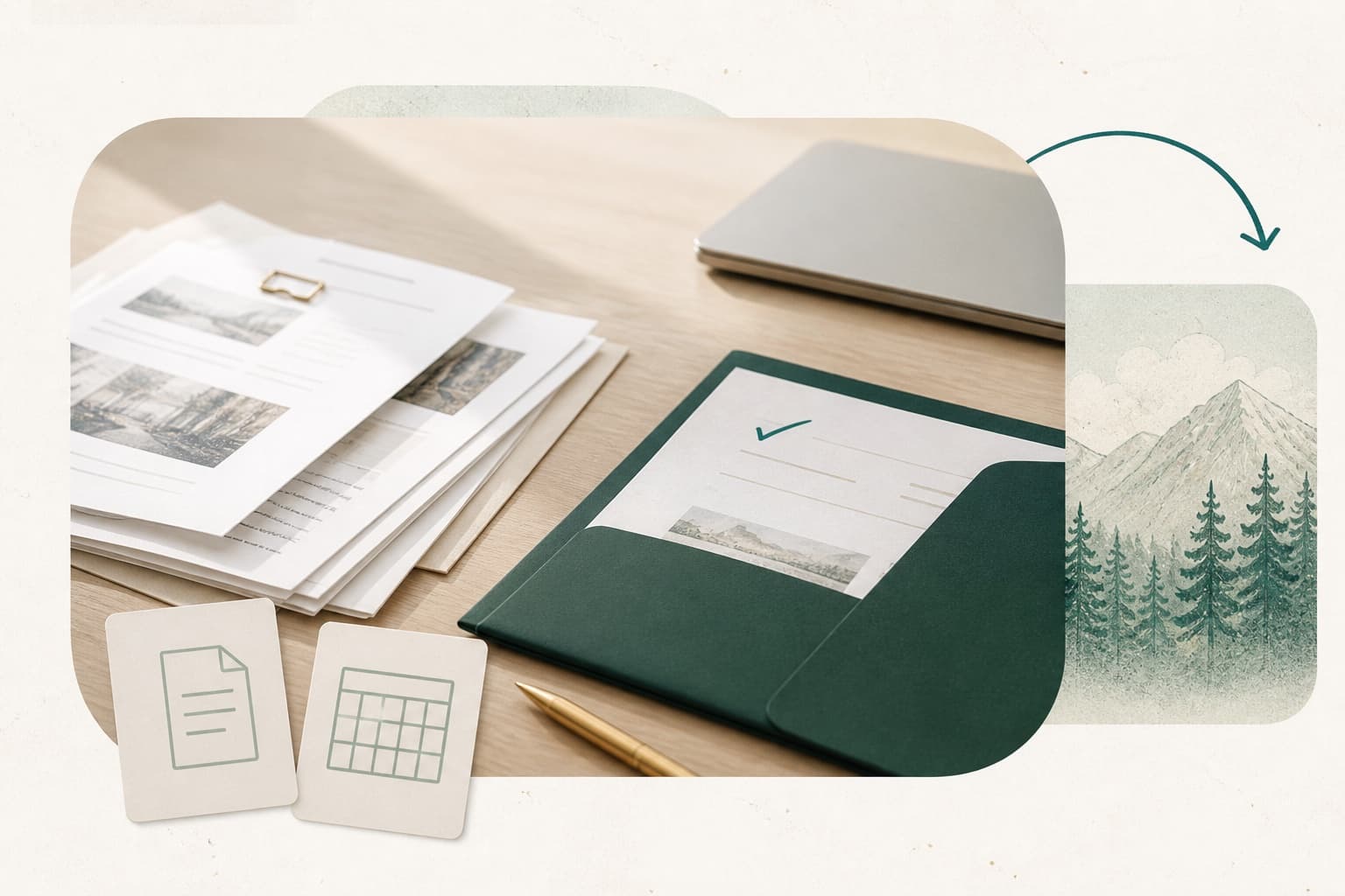 Organized rental-work documents in a deep-green folder ready for handoff
