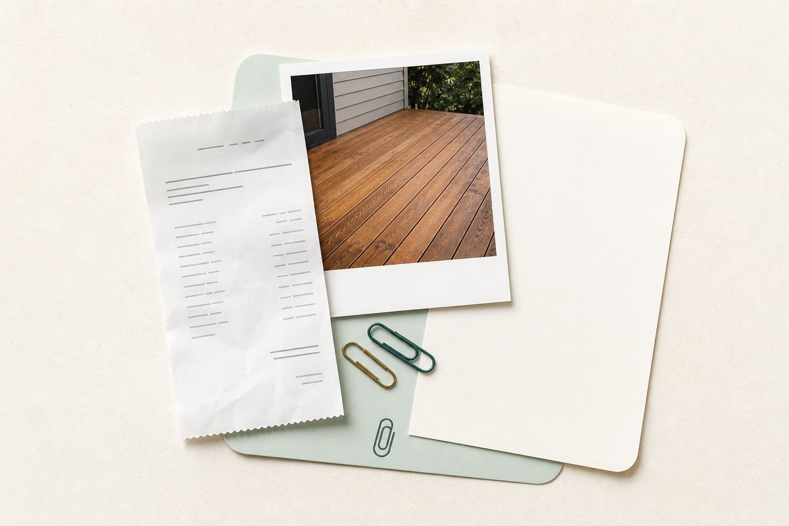 A repair receipt, completed deck photo, and supporting document grouped together