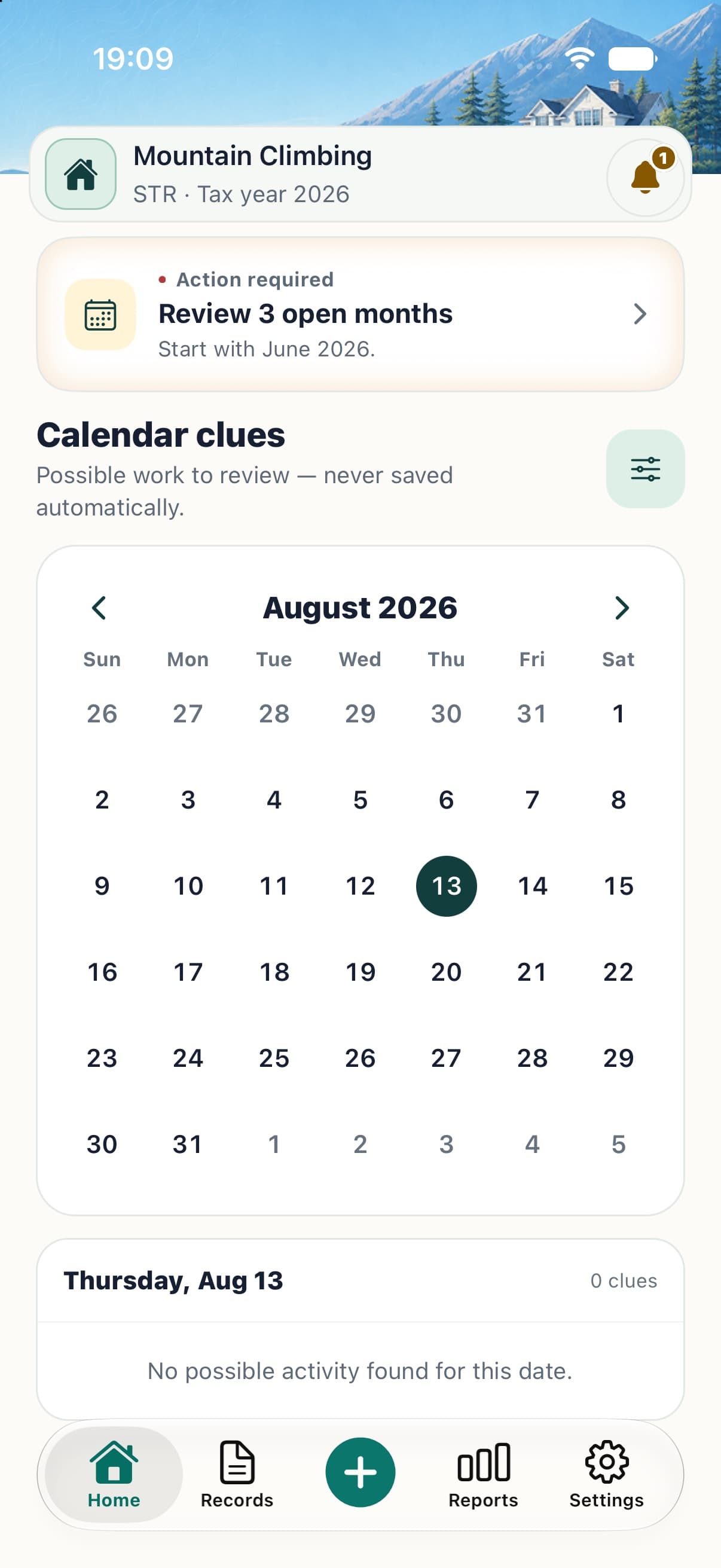 HostHours Calendar clues screen showing a month of possible work that is never saved automatically